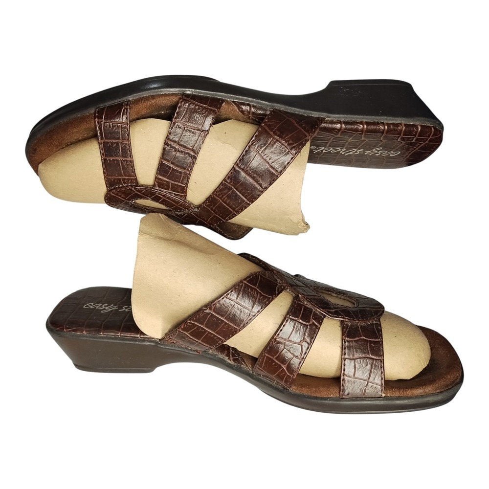 Easy Street Slide Sandals Womens US Size 8.5 Brown Wedge Heel Open Toe Slip On‎